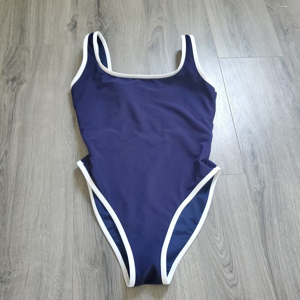 LainSnow Navy Blue One-Piece Swimsuit with White Trim